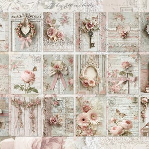 May include: A collage of vintage-style cards with floral and lace designs. Each card features roses, butterflies, and script elements in soft pink, cream, and green hues. Some cards include decorative frames, keys, and heart-shaped accents.
