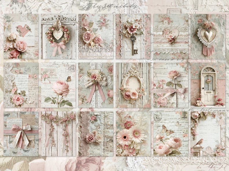 May include: A collage of vintage-style cards with floral and lace designs. Each card features roses, butterflies, and script elements in soft pink, cream, and green hues. Some cards include decorative frames, keys, and heart-shaped accents.