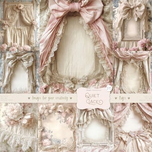 Quiet Lace 215 obrazów: Papier w stylu shabby chic, Tło z tkaniny, Białe i różowe wstążki, Wydrukowane ephemera do scrapbookingu CYFROWE pobieranie