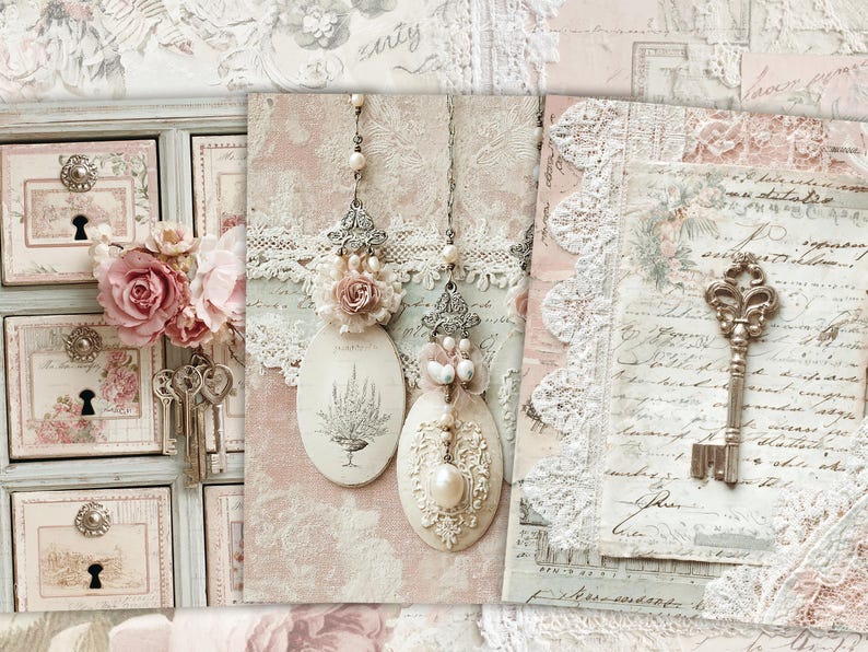 May include: A collage featuring vintage-style elements. It includes a small chest of drawers, keys, floral arrangements, and decorative oval pendants with floral and pearl accents. The color palette is soft, with pinks, creams, and touches of gold.