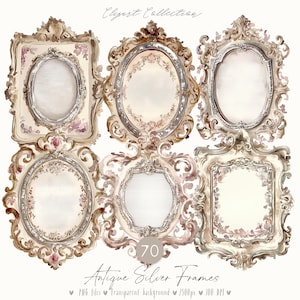 Peut inclure: Ensemble de six cadres argentés antiques avec des détails ornés et un fond aquarelle. Les cadres sont de formes et de tailles variées, avec un motif floral délicat.