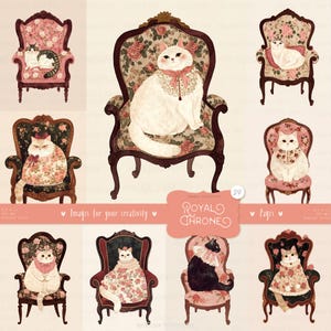 Royal Throne 24 Bilder: Aquarell Katze Clipart, Vintage Armchair Art, Shabby Chic, viktorianisches Ephemera, printable Junk Journal Seiten
