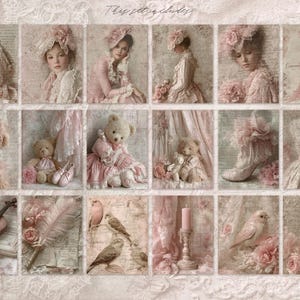 May include: A collage of vintage-style images in soft pink and cream tones. The images include portraits of women and children, teddy bears, birds, a violin, and a high-heeled boot. The text "This set includes" is at the top.
