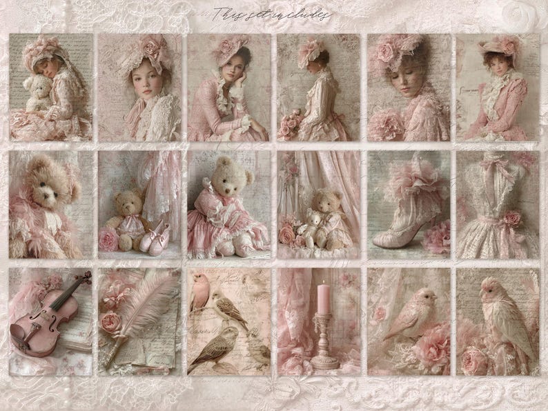 May include: A collage of vintage-style images in soft pink and cream tones. The images include portraits of women and children, teddy bears, birds, a violin, and a high-heeled boot. The text "This set includes" is at the top.