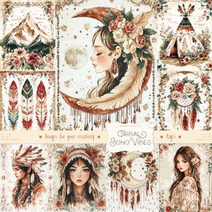 Tribal Boho Vibes 140 Imagens: Boho Clipart, Apanhador de Sonhos em Aquarela, Penas, Tribal Vintage, Scrapbook Ephemera, Papel Digital