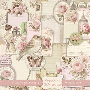 Può includere: Un collage di effimeri in stile vintage con rose, farfalle e un uccello. Include tag, illustrazioni ed etichette in una palette di colori tenui di rosa, crema e beige. Il testo "Roses & Postcards" è visibile.
