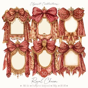 Imágenes prediseñadas de Royal Charm 50: Lazo rosa victoriano, adornos barrocos, encaje romántico PNG, efímera de diario vintage, DIGITAL