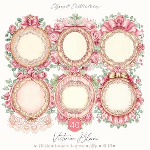 Op de afbeelding: Set van 40 aquarel illustraties van Victoriaanse frames met roze rozen, kant en linten. De frames zijn perfect om een vintage touch aan je ontwerpen toe te voegen.