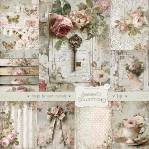 Könnte beinhalten: Eine Collage von Bildern im Vintage-Stil mit Blumen- und Schmetterlingsthema. Die Bilder zeigen Rosen, Schmetterlinge, einen Schlüssel und ein Frauenporträt. Der Text "Shabby Collection" ist sichtbar.