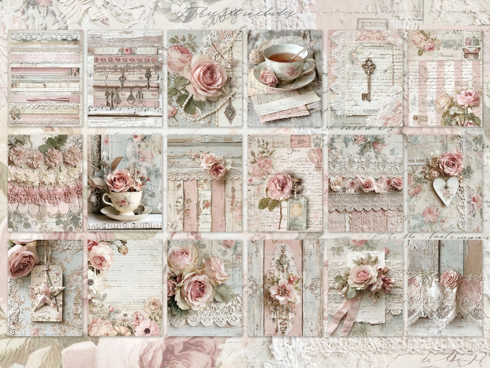 Shabby Chic Kit, Junk Journal Pages: Vintage Background, Delicate ...