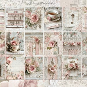 May include: A collection of vintage-style digital art prints featuring roses, keys, teacups, and lace. The color palette includes soft pinks, creams, and blues, creating a romantic and antique aesthetic. The text "They set includes" is visible.