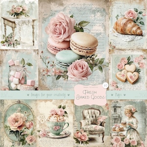 Produits de boulangerie frais 60 images, pages : aquarelle pastel shabby chic, gâteaux, goûter, roses, éphémères imprimables vintage, téléchargement numérique