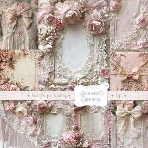 Shabby Dreams 190 obrazów: Papier w stylu shabby chic, Tło z tkaniny, Białe i różowe wstążki, Wydrukowane ephemera do scrapbookingu CYFROWE pobieranie
