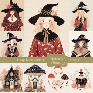 Maison de la sorcière 32 images : Halloween filles Pages, champignons, illustrations clipart forêt, cartes, albums éphémères, téléchargement numérique instantané
