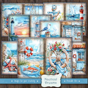 Nautical Dreams 20 Digital Images: Nautical Junk Journal Pages, Vintage Sea Scrapbook Paper, Coastal Printable Paper, Beach Ocean Ephemera