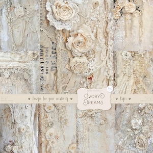 Ivory Dreams 100 Immagini: Carta Shabby Chic, Sfondo in Tessuto, Nastri Beige e Bianchi, Effimera Stampabile per Album Digitali da Scaricare