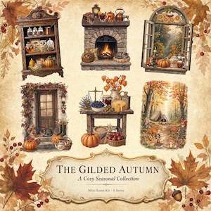 Könnte beinhalten: Eine Sammlung von sechs herbstlichen Illustrationen mit einem Holzschrank, einem Steinkamin, einem offenen Fenster, einer Tür, einem Holztisch mit Erzeugnissen und einer Waldszene, beschriftet mit The Gilded Autumn A Cozy Seasonal Collection.