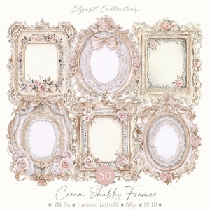 50 cliparts cadres minables crème : bordures victoriennes numériques, cadres en bois rustiques, shabby chic, kit de scrapbooking Coquette, éphémères rose pastel