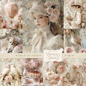 Vintage Grace 210 immagini: pagine di diario Shabby Chic DIGITALI, effimeri vintage vittoriani, carta per scrapbooking stampabile, rosa pastello beige