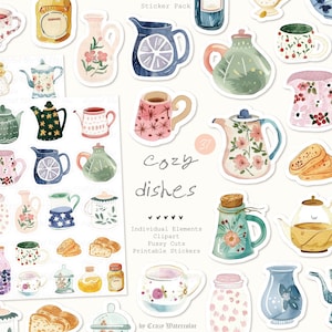 Vaisselle confortable à l'aquarelle : décoration de cuisine mignonne, vaisselle, théières, tasses, cliparts, albums éphémères de scrapbooking, pack d'autocollants pour agenda, NUMÉRIQUE