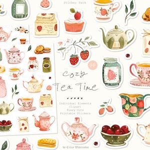 Aquarelle confortable, coupes difficiles : décoration d'intérieur mignonne, vaisselle, théières, bonbons, gâteaux, albums éphémères de scrapbooking, pack d'autocollants pour agenda, NUMÉRIQUE