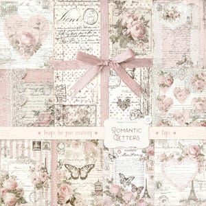 Puede incluir: Un collage de papel de scrapbook con temática romántica. El diseño presenta rosas, mariposas, corazones y escritura sobre un fondo rosa y crema. Una cinta rosa está atada alrededor del centro. El texto "Romantic Letters" es visible.