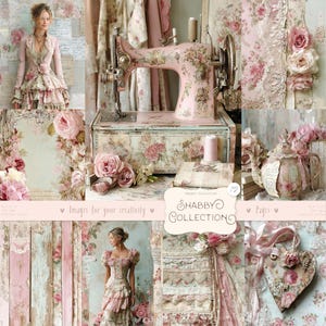 Puede incluir: Un collage con una máquina de coser rosa vintage, patrones florales y una mujer con un vestido rosa. La imagen incluye encaje y el texto "Shabby Collection". El tema es vintage y romántico.