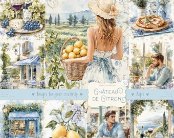 May include: A collage of images featuring a woman in a white dress and straw hat, a lemon tree, a cafe, a pizza, and a man sitting at a table. The text "Images for your creativity" and "Chateau de Citron" are visible in the image.