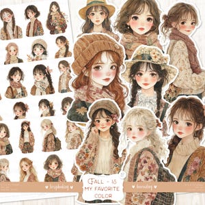 Herfst - is mijn favoriete kleur Fussy Cuts: aquarel gezellige herfststickers, anime-stijl, Aziatische meisjes, mode, kortstondige herfst, digitale download