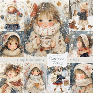 Racconto invernale 60 immagini, pagine: Clipart di ragazza carina con acquerello, vacanze in casa accogliente, maglione, foresta, sfondo stampabile, download DIGITALE
