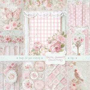 Puede incluir: Un collage de papel de scrapbook en colores pastel con diseños florales y de encaje. La imagen presenta rosas, mariposas y un pájaro. El texto "Pastel Shabby Collection" es visible.