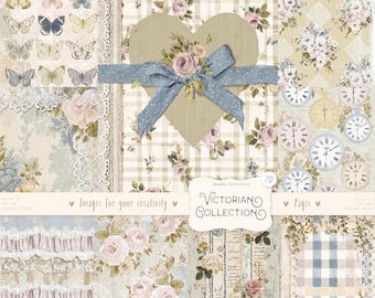 May include: A collage of vintage-style scrapbook paper with floral and butterfly patterns. A heart-shaped element is adorned with flowers and a blue ribbon. The text "Victorian Collection" is displayed in a decorative frame. The color palette includes soft pastels.