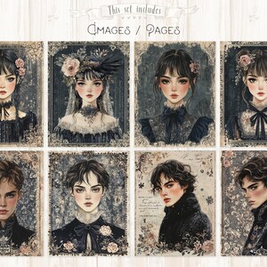 Op de afbeelding: Set van acht portretillustraties in vintage-stijl. De portretten tonen illustraties van mensen met donker haar, gekleed in donkere kleding en versierd met bloemmotieven. De tekst "This set includes Images / Pages" staat bovenaan.