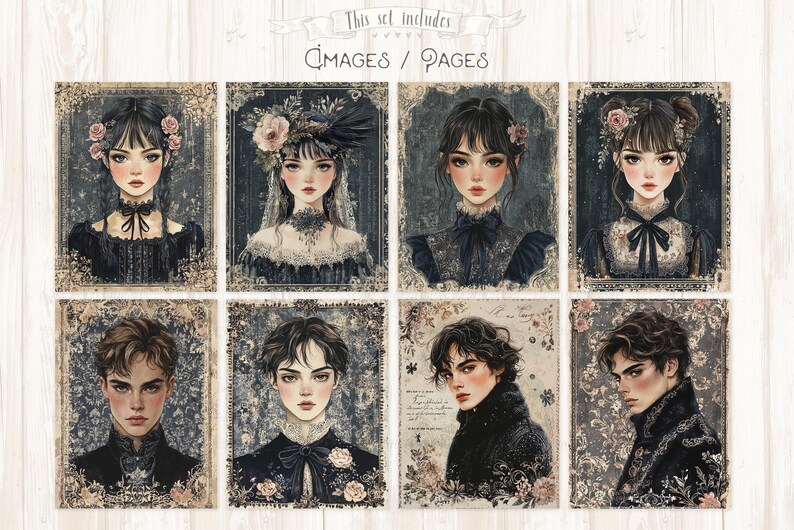 Op de afbeelding: Set van acht portretillustraties in vintage-stijl. De portretten tonen illustraties van mensen met donker haar, gekleed in donkere kleding en versierd met bloemmotieven. De tekst "This set includes Images / Pages" staat bovenaan.