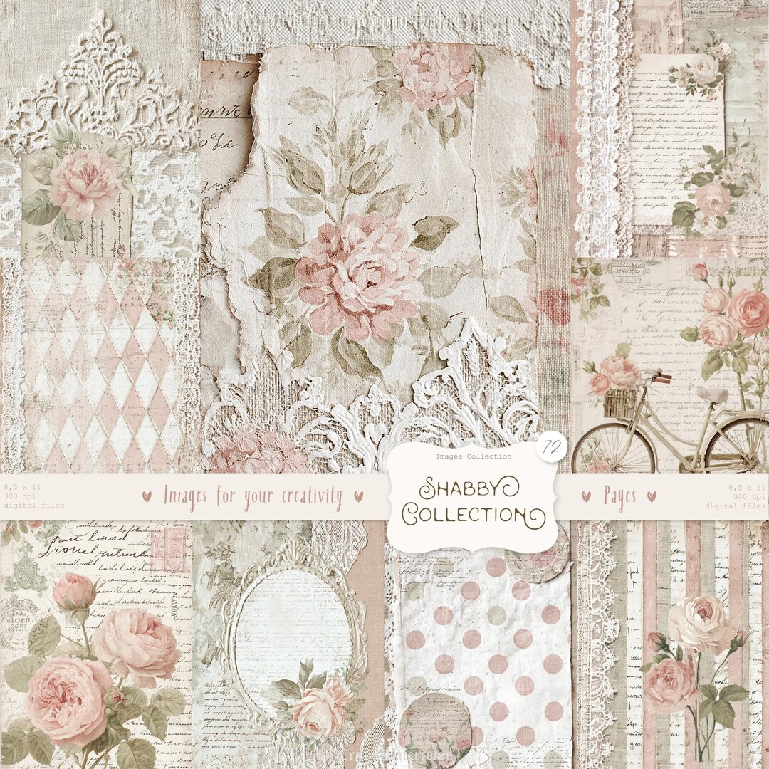 Shabby Chic Kit, Junk Journal Pages: Vintage Background, Delicate ...
