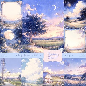 Noite Quente 146 imagens, Páginas de diário digital de paisagens, estilo anime, papéis para impressão de paisagens noturnas, fundos de scrapbook