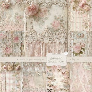 May include: A collection of vintage scrapbook papers in a shabby chic style. The design incorporates soft pinks, creams, and beige, with floral patterns, lace, and butterfly motifs. The text "Shabby Collection" is displayed.