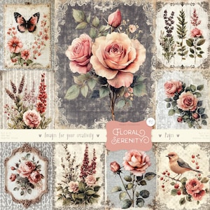 90 imágenes de Floral Serenity: imágenes prediseñadas florales vintage, ramo de rosas shabby chic, páginas victorianas, álbum de recortes imprimible, descarga DIGITAL