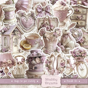 Könnte beinhalten: Eine Collage verschiedener rosa und weißer Dekorationsartikel mit Vintage-Ästhetik. Enthält eine Teetasse mit Zitronenscheiben, ein Korsett, ein Kaninchen, ein Fahrrad und eine Hutschachtel, alle mit floralen Akzenten. Der Text "Shabby Dreams" ist sichtbar.