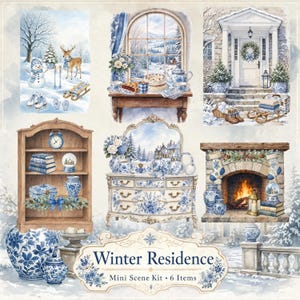 Winter Interactive Junk Journal Kit: Scrapbook Mini Scene, Folio Kit, Fussy Cuts (digital nedladdning)