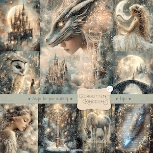 May include: A digital collage of images featuring a castle, a dragon, a unicorn, an owl, a woman playing a harp, a key, a feather, and a bridge. The images are set against a background of sparkling stars and clouds. The text "Forgotten Kingdom" is featured in the center of the collage.