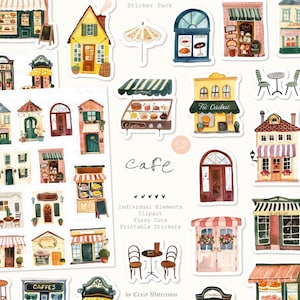 Découpes difficiles à l'aquarelle de café : cafés mignons, restaurants français, cottages, cliparts, albums éphémères de scrapbooking, pack d'autocollants pour agenda, numérique