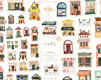 Pegatinas de acuarela de cafeterías y restaurantes franceses (descarga digital)