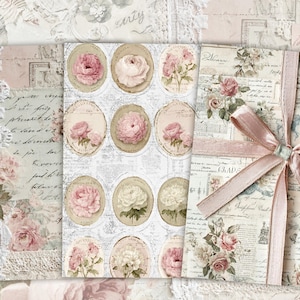 May include: A collage of vintage-style paper elements with a floral theme. The design includes oval-shaped images of pink and white roses, script, lace, and a pink ribbon tied in a bow. The color palette is soft, with shades of pink, cream, and beige.