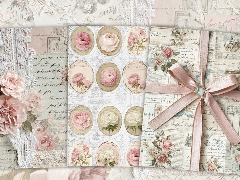 May include: A collage of vintage-style paper elements with a floral theme. The design includes oval-shaped images of pink and white roses, script, lace, and a pink ribbon tied in a bow. The color palette is soft, with shades of pink, cream, and beige.