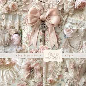 Encaje y llaves 139 Imágenes: Papel shabby chic, fondo de tela, cintas blancas y rosas, efímera de álbum de recortes imprimible DESCARGA DIGITAL