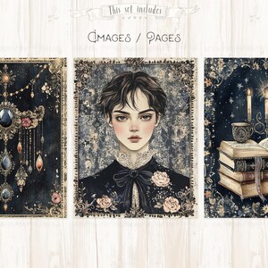 Op de afbeelding: Set van drie aquarel afbeeldingen met sierlijke gouden frames. E&eacute;n toont een hanger met juwelen en bloemaccenten. Een andere toont een persoon met donker haar en een kanten kraag. De derde toont kaarsen, boeken en een theekopje.
