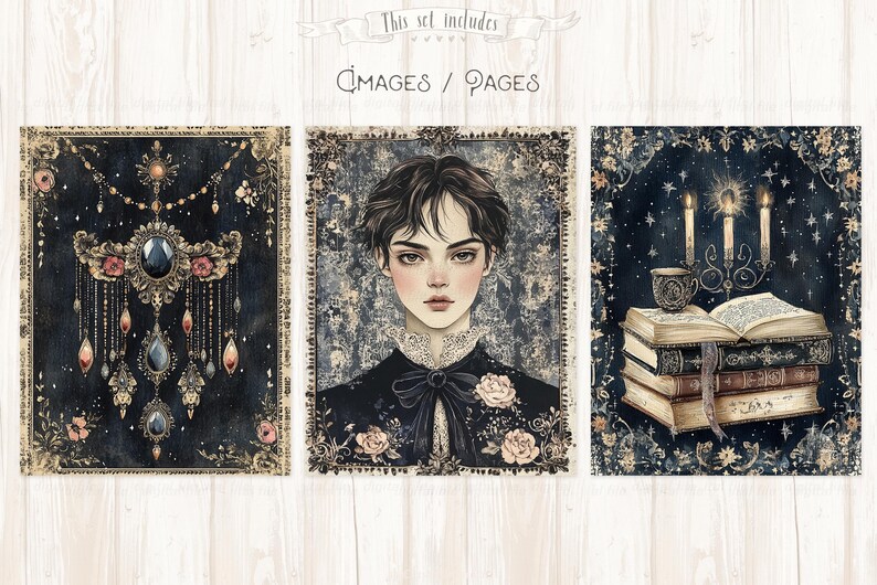 Op de afbeelding: Set van drie aquarel afbeeldingen met sierlijke gouden frames. E&eacute;n toont een hanger met juwelen en bloemaccenten. Een andere toont een persoon met donker haar en een kanten kraag. De derde toont kaarsen, boeken en een theekopje.