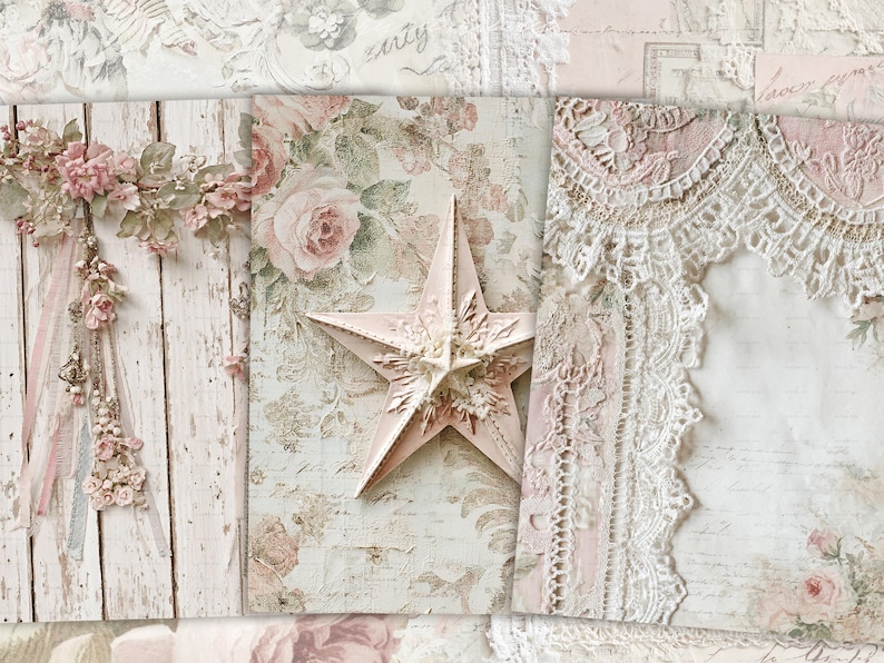 May include: A collage featuring a distressed wooden panel with floral accents, a pink star, and lace details. The color palette includes soft pinks, creams, and whites, creating a vintage, romantic aesthetic. The image evokes a shabby chic or cottagecore theme.
