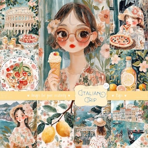 Viaje a Italia 154 imágenes: páginas de álbum de recortes de viajes digitales, kit de diario imprimible de vacaciones en Italia, kit de acuarela de Toscana, Venecia y el Mediterráneo
